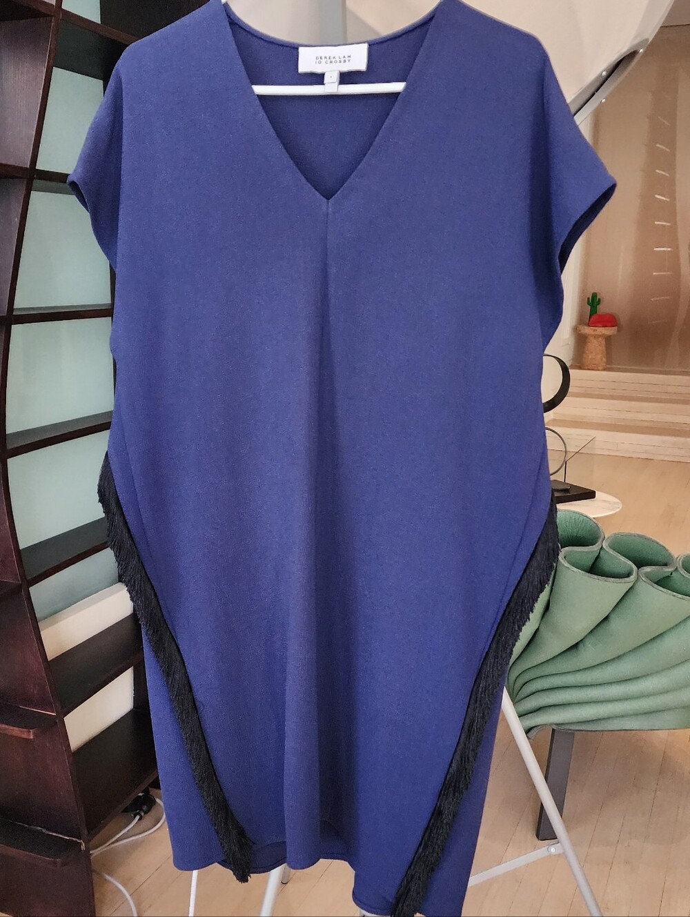 Derek Lam 10 Crosby Navy Blue V-Neck Fringe Trim Dress